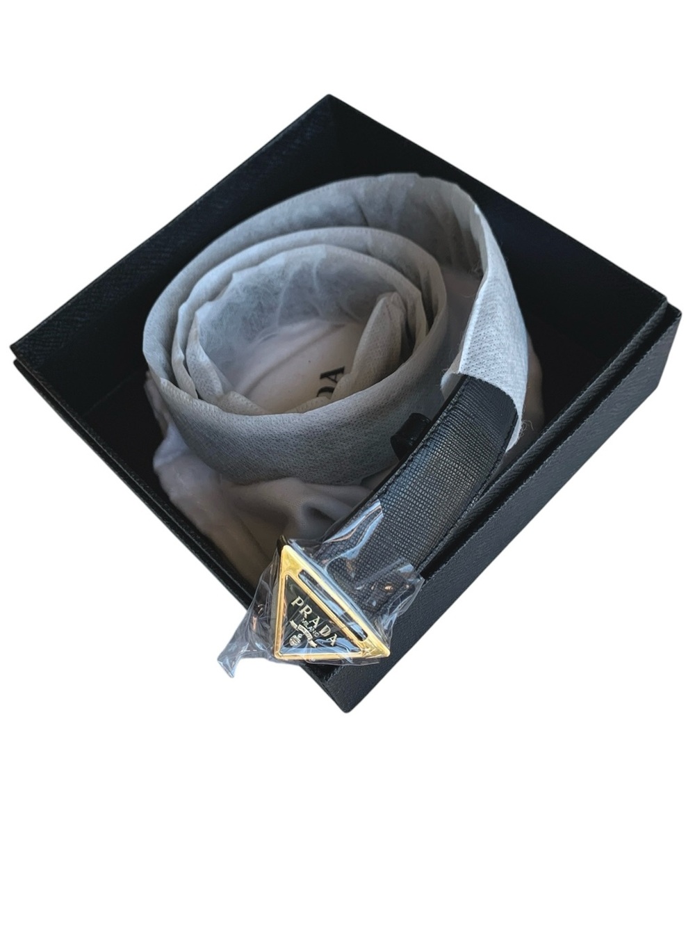 🆕 Triangle Logo Belt | Black Saffiano Leather | Gold Hardware | NIB